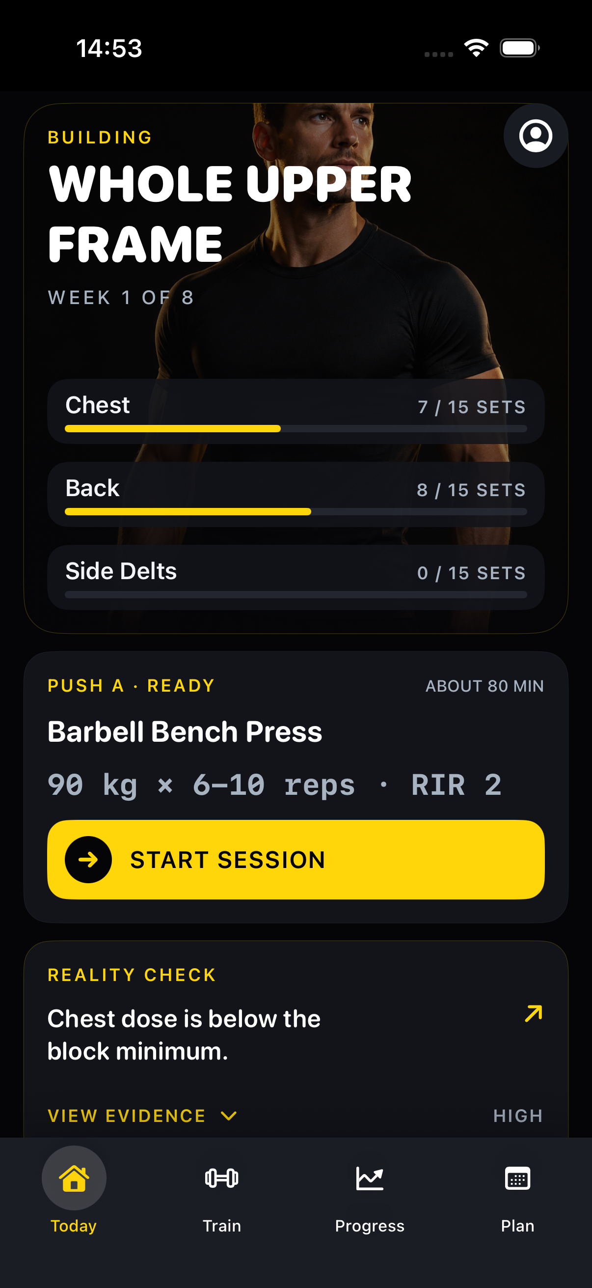Surpass showing a whole upper frame training block, weekly muscle dose, and the next exact session.