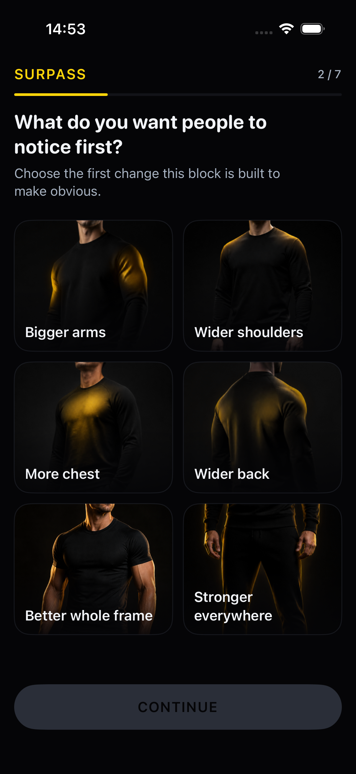 Surpass visible-priority choices including bigger arms, wider shoulders, more chest, wider back, and better whole frame.