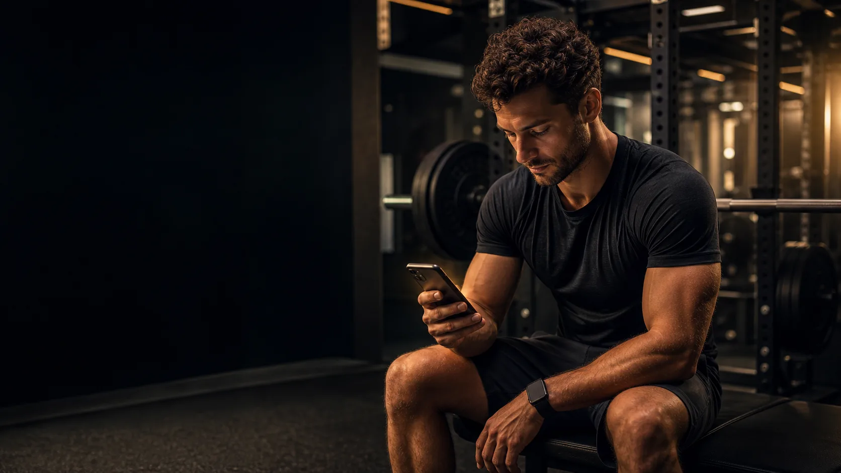 Lifter checking an iPhone between sets in a strength gym